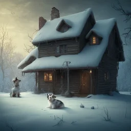 SAD, SCARED, LONELY DOG TIED UP OUTSIDE WITH A HOUSE IN BACKGROUND, WINTER, 8k resolution, high-quality, fine-detail, intricate, digital art, detailed matte, volumetric lighting, illustration, 3D octane render, brian froud, howard lyon, selina french, anna dittmann, annie stokes, lisa parker, greg rutowski