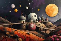 whimsical, weird ball-like houses stand in village in weird whimsical landscape with long bridges, , futur-surreal vibe with abstractions, around surreal cracked painted weird land with dark purple, gray, black, white, brown, and deep colors. style of Chagall , of Minjae Lee and Tim Burton, absurd beauty picture. weird bizarre absurd, nightmare, big neuron network background and thin bridges, surreal cinematic vibe