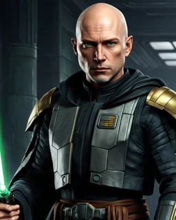 star wars bald male corellian jedi pilot wearing black and gunmetal grey old republic armored robes with gold trim inside the jedi temple holding a lightsaber with viridian green blade in left hand, centered head and shoulders portrait, hyperdetailed, dynamic lighting, hyperdetailed background, 8k resolution, volumetric lighting, light skin, fully symmetric details