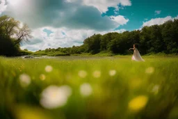 shot from front ,green field and wild flower field ,beautiful girl in pretty dress curly hair walking in water toward camera in trees next to wavy river with clear water and nice sands in floor.camera capture from her full body front, spring blosom walking to camera ,wild flowers moving in the wind ,blue sky,moving pretty clouds ,joy full facet.