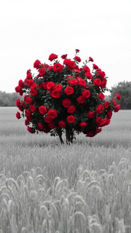 All in black and white picture of A field of barely , in the middle a tree of red roses