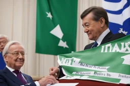 over the shoulder photo; politician signing a treaty; in the background three banners, green banner, white banner, blue banner;