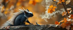 squirrel black dragon with white fluffy whool in autumn, breathing smoke