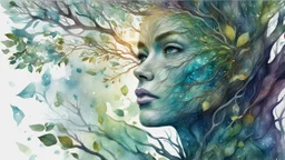 watercolor, tree woman, digital painting, glitter, clear lines, detail, fine rendering, high resolution, 4K, photorealism, precise focus, double exposure, fantasy,