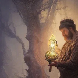 Insanely detailed landscape of an “D&D twilight cleric holding glowing holy trinket” with intricate detailed trimed beard,high and tight hair cut,40 years old, intricate clothing, hyperdetailed painting by Ismail Inceoglu Huang Guangjian and Dan Witz CGSociety ZBrush Central fantasy art album cover art,8K, hdr, mysterious, flickeringlights ,Stoic