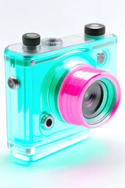 transparent cyan with rubber cyan photo camera with a pastel pink wide-angle lenses