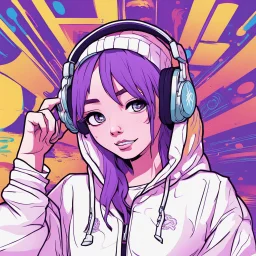 masterpiece, intricate details, a wide angle 2D anime bold line flat colour illustration of a cheerful girl in a high purple hoodie and headphone in hip hop style, dopamine style, overlaying mixed patterns of pop art text and emoji device installations, sharp focus, boy character illustration, beautiful vibrant kuler palette gradient