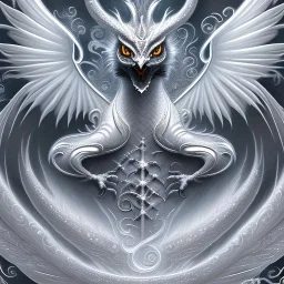 a detailed illustration of a white dragon with owl-like head, a white dragon with white owl head, realistic, detailed, dragon with fairy-like transparent glowing and sparkly wings standing in snow, silver lightning to the edges of the wings, glowing soft and smooth wings, fantasy art, highly detailed, intricate patterns on wings, shiny snowy background, soft studio lighting, foggy shiny smooth background, unreal engine, 64k