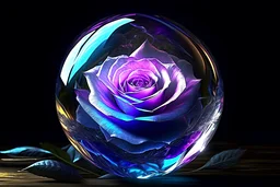an iridescent crystal rose enclosed within a translucent glass sphere, insane detail, intricate details, hyperrealistic, 16k resolution, cinematic, fantasy garden, Hyper realistic, intricately detailed, color depth, dramatic, side light, colorful background