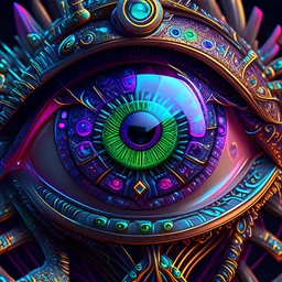 highly detailed eyeball, neon colour, cyberpunk, futuristic, Super detailed 3d , ethnic details, intricated details, as trending in artstation,