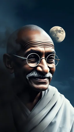 Portrait Gandhi, a smoke in the background and a full moon