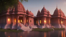 a beautiful Hindu temple on bank of river ganges with people worshiping with flowers, twilight, cinematic