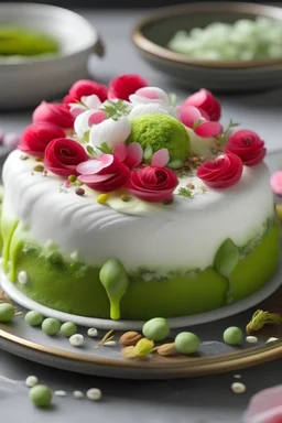 a bread cake with a yogurt frosting and rose cucumber pistachio and radish decorative topping