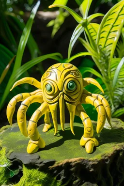 A pale greenish yellow lightning elemental spider designed in Maori sculptures painted by Paul Gauguin