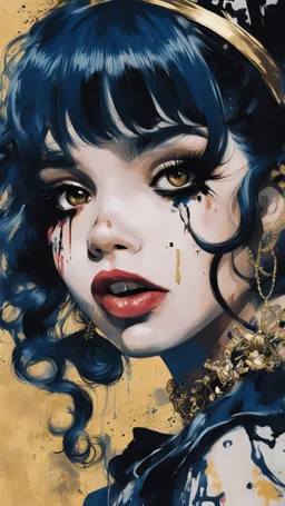 Poster in two gradually, a one side malevolent goth vampire girl face and other side the Singer Melanie Martinez face, painting by Yoji Shinkawa, darkblue and gold tones,