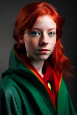 A girl with red hair and green eyes and she is wearing a Hogwarts robe