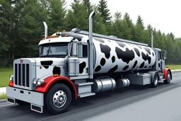 side view of a semitruck for fuel hauling, covered in large cow spots, illustration