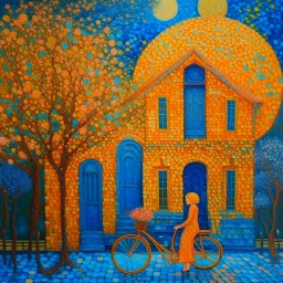 🔥 PROMPT: A pointillist painting in Klimt’s style depicting a dreamy street scene. A textured blue house with three windows stands as the focal point, its facade shimmering with intricate dots. A tree with twisting branches and pink blossoms extends overhead, blending with golden-hued foliage. A woman in an orange top and deep blue skirt walks beside her bicycle, lost in thought. Klimt-inspired patterns, stippled details, and a harmonious palette of blues, golds, and pinks create a luminous, no