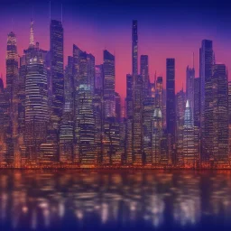 City skyline at dusk with reflections"