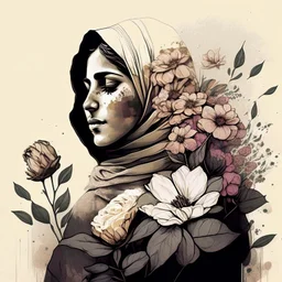 woman, life, freedom, Iran hand-drawn digital art, muted tones, flowers everywhere, REALISTIC