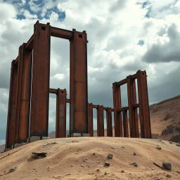 Fotografia di una struttura i metallo arrugginito e legno bruciato, composta da elementi verticali altissimi e forati che ricordano delle strutture architettoniche. Nulla assoluto, desolazione. Angoscia e disperazione. È fatta di un materiale poroso e corroso, metallo e pietra. La struttura è situata su una collina desertica, con nuvole e cielo plumbeo. Surreale. L'illuminazione della foto crea forti contrasti di luci e ombre, dando un aspetto drammatico.