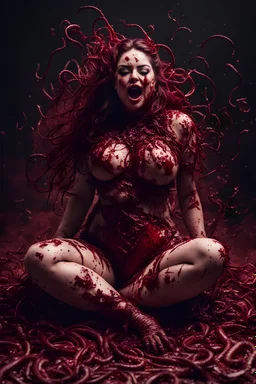 Huge weird woman with many worms from his body, sit pose, fullbody, splashes blood, behind guts rising from the ground, darkred tones, macro photography,