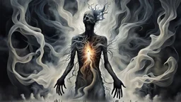 Abstract surreal scene of a human soul in conflict — a figure dissolving into shadows and smoke, body torn into shards of light and darkness. Shapes twist and melt like oil paint, forming ghostly hands and distorted faces emerging from the fog. The background is a blur of noise, chaotic patterns and faceless crowds, symbolizing the indifferent outside world. A haunting, dreamlike composition that captures isolation, inner demons, and the silent struggle of anxiety. Painterly, surreal, atmospheri