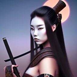 black long hairs lady samurai top under sunset