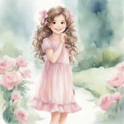 watercolor, full body, cute smile girl, curly hair, big eyes, long brown hair, pink dress, pink shoes, white backgrownd