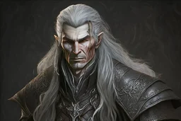 full length front facing ancient grizzled, gnarled elf mage, he has long, grey hair streaked with black, highly detailed facial features, and sharp cheekbones. His eyes are black. He wears weathered medieval leather clothes. he is lean and tall, with pale skin, full body with thigh high leather boots and has a dark malevolent aura within swirling maelstrom of ethereal chaos in the comic book style of Bill Sienkiewicz and Jean Giraud Moebius in ink wash and watercolor, realistic dramatic natural