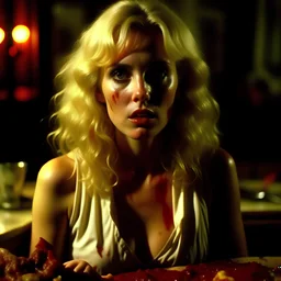 Horror movie shot, hot spooky, shoulders, stunning, dining, meat, ultra realistic, really eerie, stunning blonde, huge, ultra hypnotic, obsessive, hyperrealistic hot skinny woman, pieces of meat, Dario Argento, Stanley Kubrik, 1980's, ornate, 4k, photorealism, splatter horror, graphic, details of the skin extremely accentuated