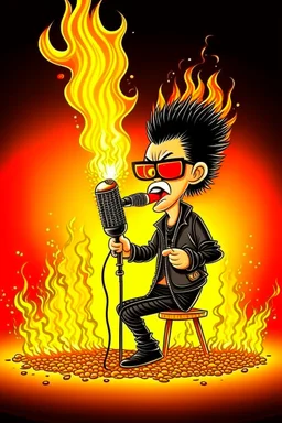 Firestarter animateur radio hardrock with a microphone. Seems angry. Flames all around