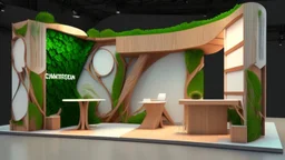 Corner exhibition stand in light colors with wood elements and greenery with two meeting areas