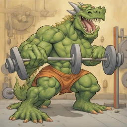 cartoon anthropomorphic magical green dragon with huge muscles who is lifting weights in a Gold's gym, swole muscular vascular sweating, sweat headbands and wristbands, by Shaun Tan, by John Romita Jr, humorous, whimsical.