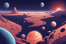 paesaggio marziano con pianerti, asteroidi, comete, aurora boreale. astronavi,satelliti
