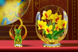 hypersigil photograph of a beautiful yellow and red orchid in a clear glass rococo inspired vase on a mirrored deco themed end table in a shadowy corner of a nouveau era room with wood paneling in the style of Robert maplethorpe, tropical birds, lizards, snakes, insects, gorgeous, shamanic, ethereal, photorealistic, embellishments, long shot, wide shot, dof, deep focus, 3d render