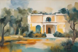 an abstract painting of an idyllic 16th century Spanish villa set amidst an ancient olive grove landscape, in the imagery-stain painting style of Helen Frankenthaler, muted natural colors, museum quality masterpiece