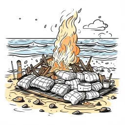 A beach bonfire with marshmallows roasting, cozy, festive, warm firelight, T-shirt design graphic, vector, contour, white background