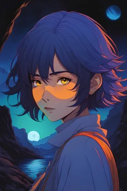 Dark background, nighttime, dark lighting, minimalist shading and depth detail, anime style, Studio Ghibli style, cel shading, sci-fi artwork by Moebius, nighttime blue highlights, extremely smooth blending, blue indigo violet red orange yellow green; AN ORANGE scientist Dark Zendaya girl with a bob, detailed face, yellow eyes, dense colorful cave ecosystem, sense of depth, little ALIEN reptile hybrid pet, spiked germs monster creatures, pollen particles, glitter pop detailing in the air