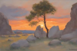 sunset, rocks, trees, begginer's landscape, ludwig dettman impressionism paintings