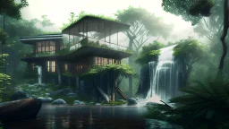 modern house by a big water falls in a karstic montain rain forest