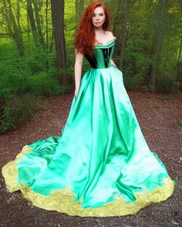 princess with long auburn hair green eyes wearing a big teal green and gold satin ballgown corset off shoulder top casting magic full body and head