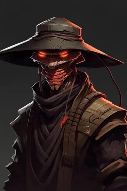 ronin cyberpunk character with straw hat and oni mask