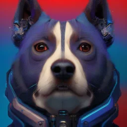 A beautiful portrait of a cute cyberpunk dog by sandra chevrier and, greg rutkowski and wlop, purple blue color scheme, high key lighting, volumetric light, digital art, highly detailed, fine detail, intricate, ornate, complex, octane render, unreal engine, photorealistic