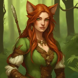 D&D tabaxi female bard with long auburn hair captivating green eyes in a woodland setting intricate costume detail