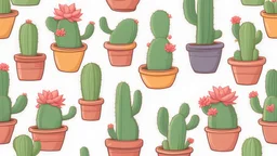 Cactus in pot in a row filled the area in style of cartoon on a white background