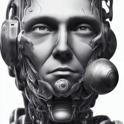 black and white portrait whith lot's of details of a man robot facing camera
