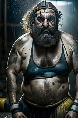 full figure shot photography of a furious wet chubby strong iranian sweaty 57 years old strong carpenter working hard in a construction site, under a huge water leak raining, in tank top and boxer, bulge, long beard, hairy chest, tattoo, long curly hairs, photorealistic, 32k, furious eyes, side lights, ambient occlusion, frontal view from the floor