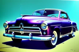 a true-to-life 1950 Ford Club Coupe, centered, intricate, extreme detailed, photorealism, center view, suburb background, pivot on ford, pen and color marker, painting by cheryl kelley