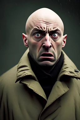 bald scared man in coat